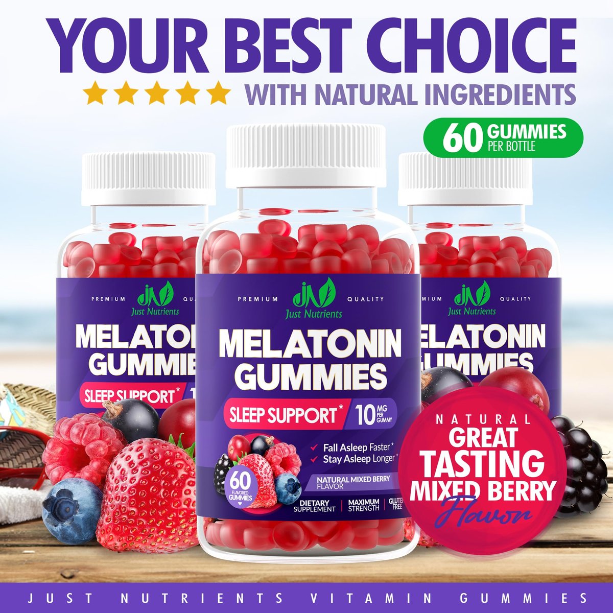 Just Nutrients Melatonin 10mg Gummis – Hochdosierte Schlafhilfe für Erwachsene mit 10mg Melatonin pro Gummi (60 Portionen) – Glutenfrei, Nicht-GVO, Vegetarisch, Leckerer Mixbeerengeschmack – 60 Stück
