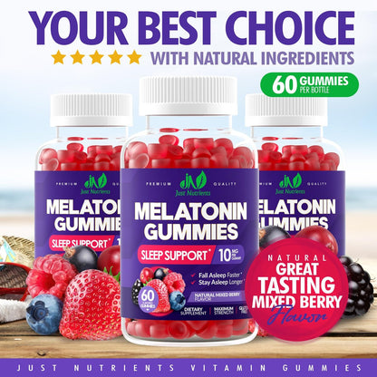 Just Nutrients Melatonin 10mg Gummis – Hochdosierte Schlafhilfe für Erwachsene mit 10mg Melatonin pro Gummi (60 Portionen) – Glutenfrei, Nicht-GVO, Vegetarisch, Leckerer Mixbeerengeschmack – 60 Stück