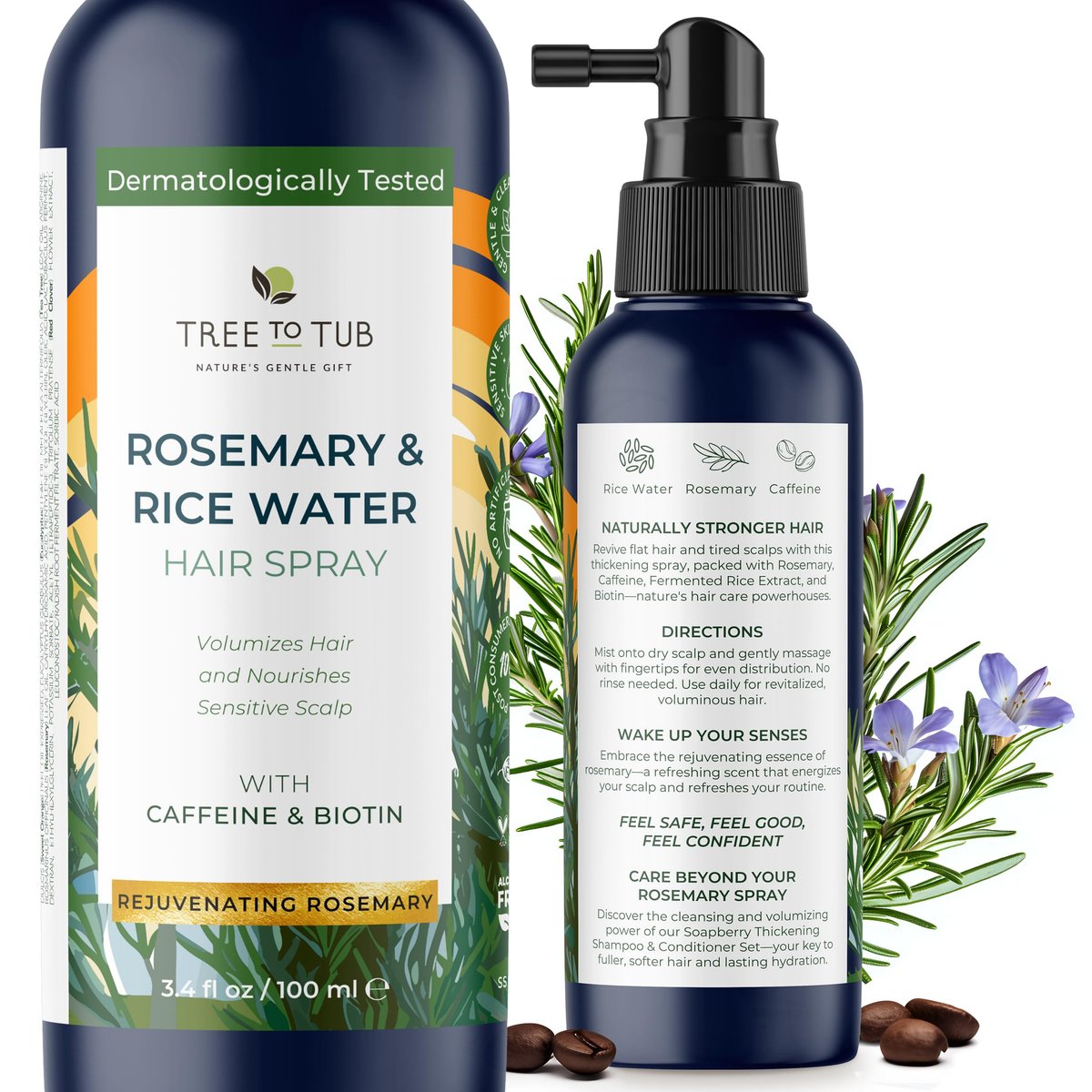 Tree To Tub Rosmarin-Wasserspray für Haarwachstum – Fermentiertes Reiswasser für Haarwachstum, natürliches Rosmarin-Haarspray & pflegende Kopfhautpflege