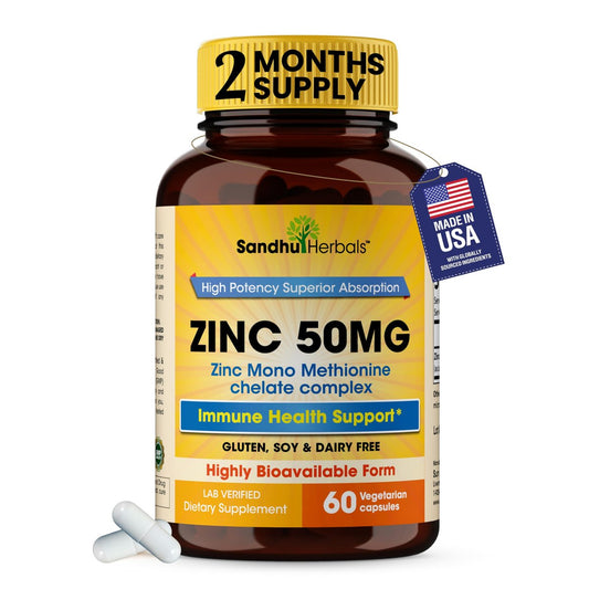 Zink 50 mg Kapseln für Männer und Frauen, 60 Stück | Hoch absorbierbares Zinkpräparat zur Unterstützung des Immunsystems | Zink 50 mg Mono-Methionin-Chelat-Komplex | Hilft bei Hautgesundheit und allgemeiner Immunität