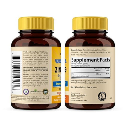 Zink 50 mg Kapseln für Männer und Frauen, 60 Stück | Hoch absorbierbares Zinkpräparat zur Unterstützung des Immunsystems | Zink 50 mg Mono-Methionin-Chelat-Komplex | Hilft bei Hautgesundheit und allgemeiner Immunität