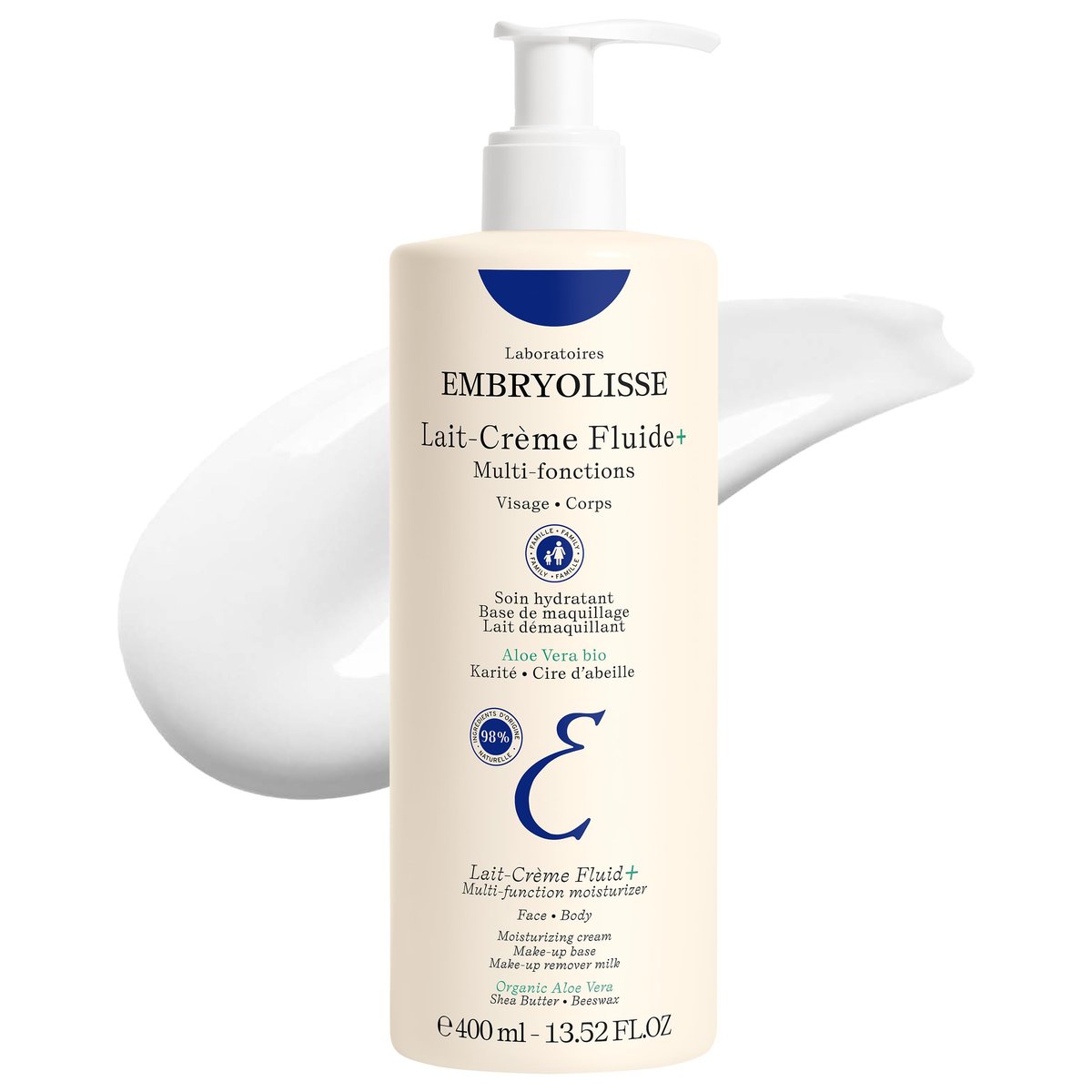 Embryolisse Lait-Crème Fluid+ Gesichts- und Körpercreme, Multifunktionale leichte Feuchtigkeitscreme mit Sheabutter & Aloe Vera, schnell einziehend, für alle Hauttypen, 400 ml