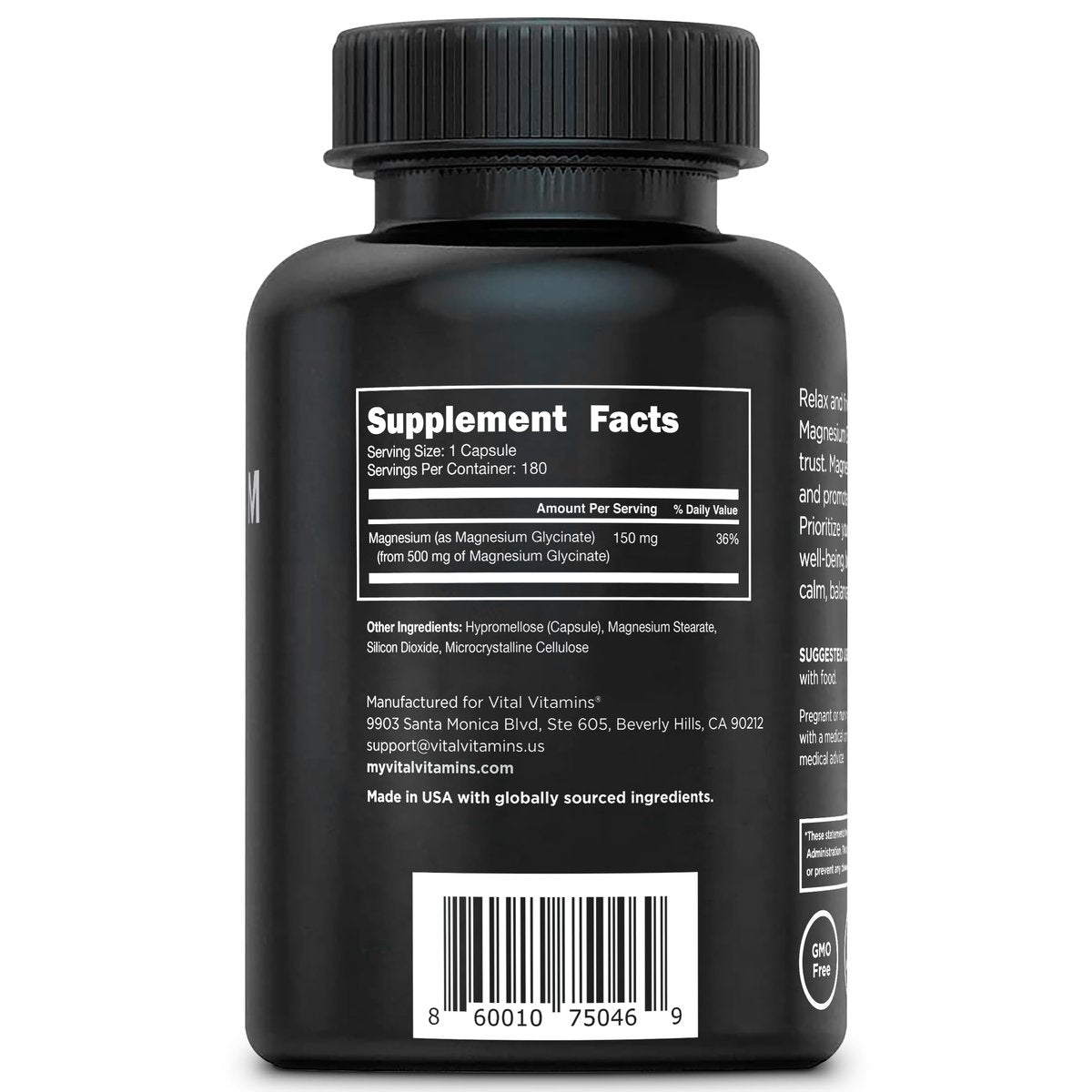 Vital Vitamins Magnesium Glycinat 500 mg – Hochdosiert & Optimal Bioverfügbar – Fördert Entspannung, Ruhe & Erholsamen Schlaf – Reines Magnesium für Männer & Frauen – 180 Kapseln, Vegan, Ohne Gentechnik