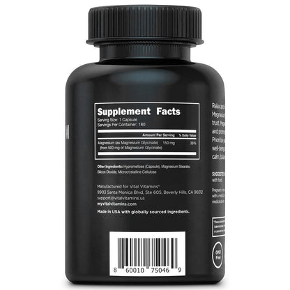 Vital Vitamins Magnesium Glycinat 500 mg – Hochdosiert & Optimal Bioverfügbar – Fördert Entspannung, Ruhe & Erholsamen Schlaf – Reines Magnesium für Männer & Frauen – 180 Kapseln, Vegan, Ohne Gentechnik