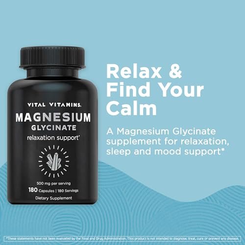 Vital Vitamins Magnesium Glycinat 500 mg – Hochdosiert & Optimal Bioverfügbar – Fördert Entspannung, Ruhe & Erholsamen Schlaf – Reines Magnesium für Männer & Frauen – 180 Kapseln, Vegan, Ohne Gentechnik
