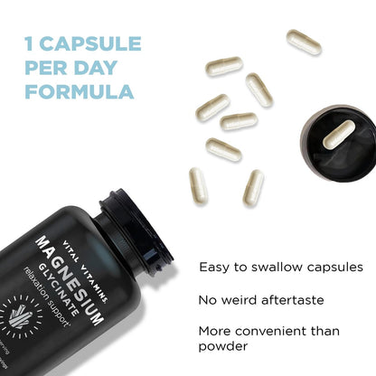 Vital Vitamins Magnesium Glycinat 500 mg – Hochdosiert & Optimal Bioverfügbar – Fördert Entspannung, Ruhe & Erholsamen Schlaf – Reines Magnesium für Männer & Frauen – 180 Kapseln, Vegan, Ohne Gentechnik