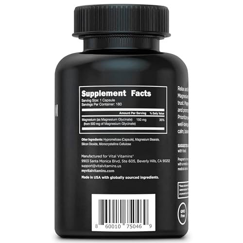 Vital Vitamins Magnesium Glycinat 500 mg – Hochdosiert & Optimal Bioverfügbar – Fördert Entspannung, Ruhe & Erholsamen Schlaf – Reines Magnesium für Männer & Frauen – 180 Kapseln, Vegan, Ohne Gentechnik
