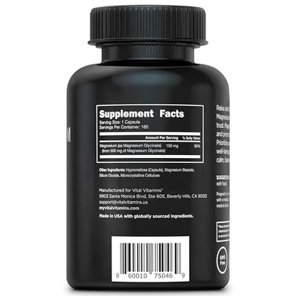 Vital Vitamins Magnesium Glycinat 500 mg – Hochdosiert & Optimal Bioverfügbar – Fördert Entspannung, Ruhe & Erholsamen Schlaf – Reines Magnesium für Männer & Frauen – 180 Kapseln, Vegan, Ohne Gentechnik