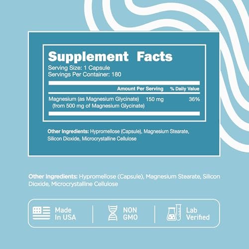 Vital Vitamins Magnesium Glycinat 500 mg – Hochdosiert & Optimal Bioverfügbar – Fördert Entspannung, Ruhe & Erholsamen Schlaf – Reines Magnesium für Männer & Frauen – 180 Kapseln, Vegan, Ohne Gentechnik