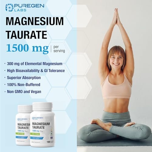 Puregen Labs Magnesium Taurat 1500 mg pro Portion – Hohe elementare Magnesiumkonzentration, 180 vegane Kapseln, chelatiert für verbesserte Absorption, Nicht-GMO, ohne Gluten und Milchprodukte