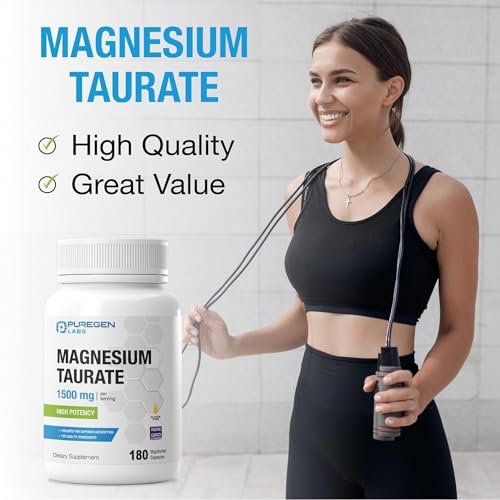 Puregen Labs Magnesium Taurat 1500 mg pro Portion – Hohe elementare Magnesiumkonzentration, 180 vegane Kapseln, chelatiert für verbesserte Absorption, Nicht-GMO, ohne Gluten und Milchprodukte