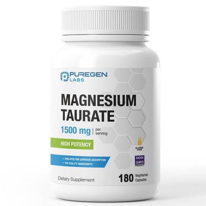 Puregen Labs Magnesium Taurat 1500 mg pro Portion – Hohe elementare Magnesiumkonzentration, 180 vegane Kapseln, chelatiert für verbesserte Absorption, Nicht-GMO, ohne Gluten und Milchprodukte