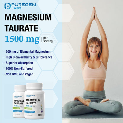 Puregen Labs Magnesium Taurat 1500 mg pro Portion – Hohe elementare Magnesiumkonzentration, 180 vegane Kapseln, chelatiert für verbesserte Absorption, Nicht-GMO, ohne Gluten und Milchprodukte