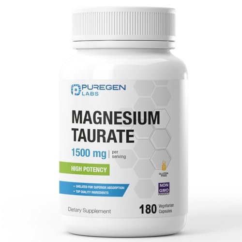 Puregen Labs Magnesium Taurat 1500 mg pro Portion – Hohe elementare Magnesiumkonzentration, 180 vegane Kapseln, chelatiert für verbesserte Absorption, Nicht-GMO, ohne Gluten und Milchprodukte