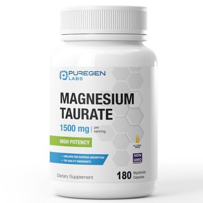 Puregen Labs Magnesium Taurat 1500 mg pro Portion – Hohe elementare Magnesiumkonzentration, 180 vegane Kapseln, chelatiert für verbesserte Absorption, Nicht-GMO, ohne Gluten und Milchprodukte