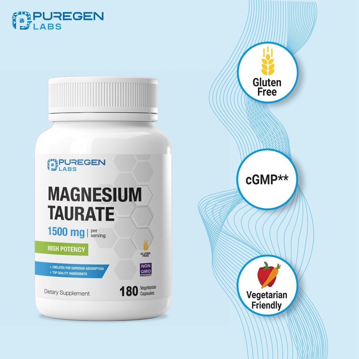 Puregen Labs Magnesium Taurat 1500 mg pro Portion – Hohe elementare Magnesiumkonzentration, 180 vegane Kapseln, chelatiert für verbesserte Absorption, Nicht-GMO, ohne Gluten und Milchprodukte