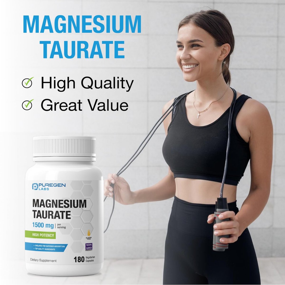 Puregen Labs Magnesium Taurat 1500 mg pro Portion – Hohe elementare Magnesiumkonzentration, 180 vegane Kapseln, chelatiert für verbesserte Absorption, Nicht-GMO, ohne Gluten und Milchprodukte