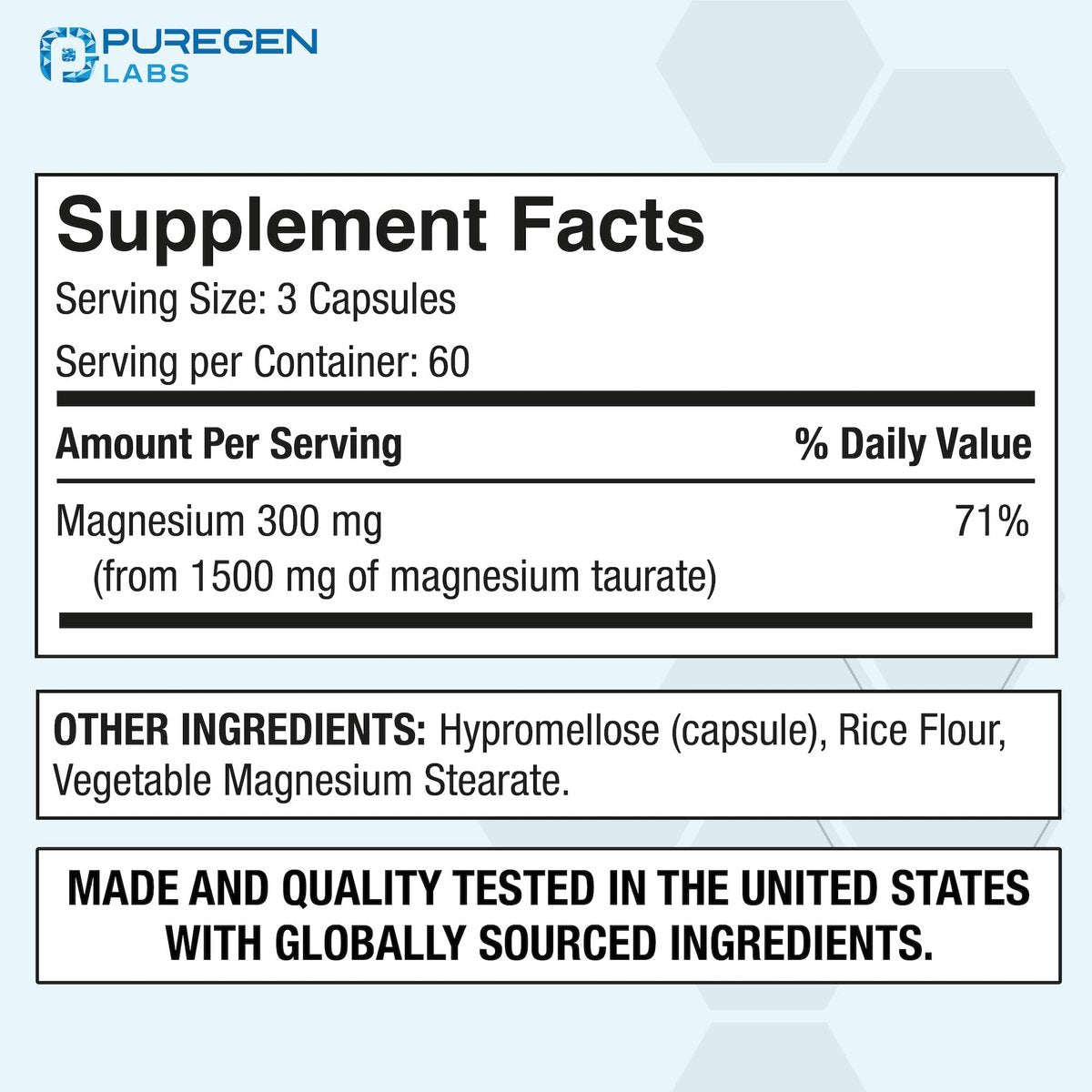 Puregen Labs Magnesium Taurat 1500 mg pro Portion – Hohe elementare Magnesiumkonzentration, 180 vegane Kapseln, chelatiert für verbesserte Absorption, Nicht-GMO, ohne Gluten und Milchprodukte