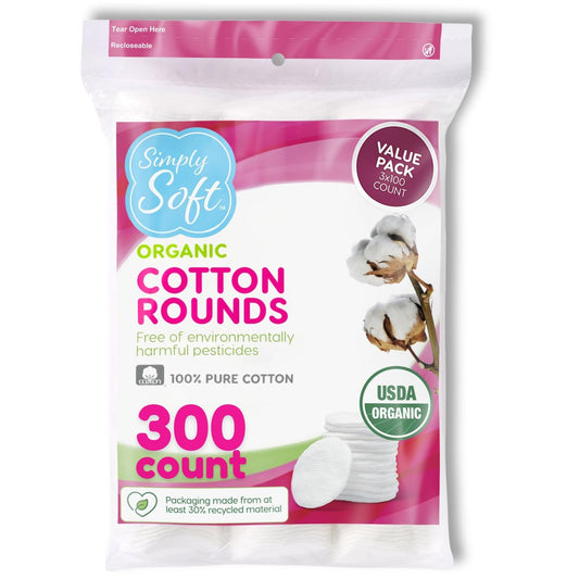 Simply Soft Premium Bio-Wattepads, 100 Stück (3er-Pack), 100% Baumwollpads, zertifiziert biologisch, hypoallergen, weich & saugfähig für Beauty, Kosmetik, Hautpflege, fusselfrei