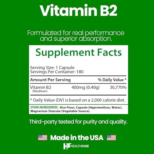 Healthfare Vitamin B2 Riboflavin 400 mg | 2er-Pack | 180 vegane Kapseln pro Packung | Nahrungsergänzungsmittel | Glutenfrei | Nicht-GVO