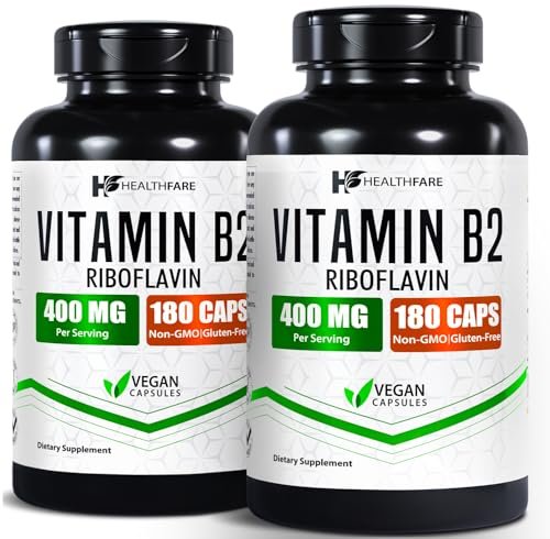 Healthfare Vitamin B2 Riboflavin 400 mg | 2er-Pack | 180 vegane Kapseln pro Packung | Nahrungsergänzungsmittel | Glutenfrei | Nicht-GVO