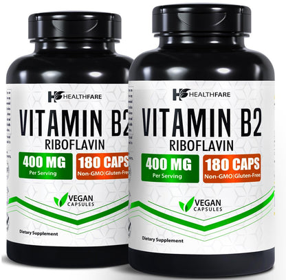 Healthfare Vitamin B2 Riboflavin 400 mg | 2er-Pack | 180 vegane Kapseln pro Packung | Nahrungsergänzungsmittel | Glutenfrei | Nicht-GVO