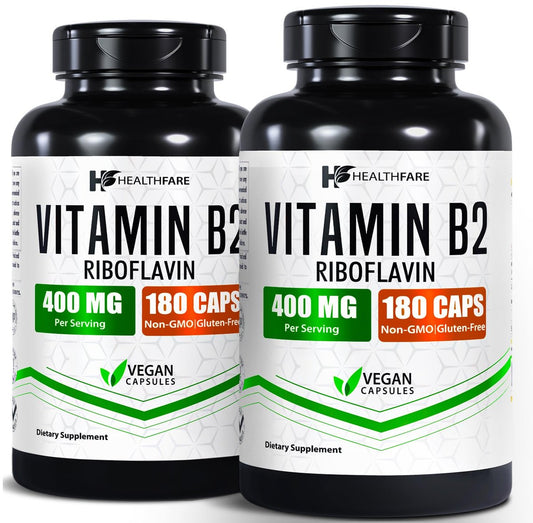 Healthfare Vitamin B2 Riboflavin 400 mg | 2er-Pack | 180 vegane Kapseln pro Packung | Nahrungsergänzungsmittel | Glutenfrei | Nicht-GVO