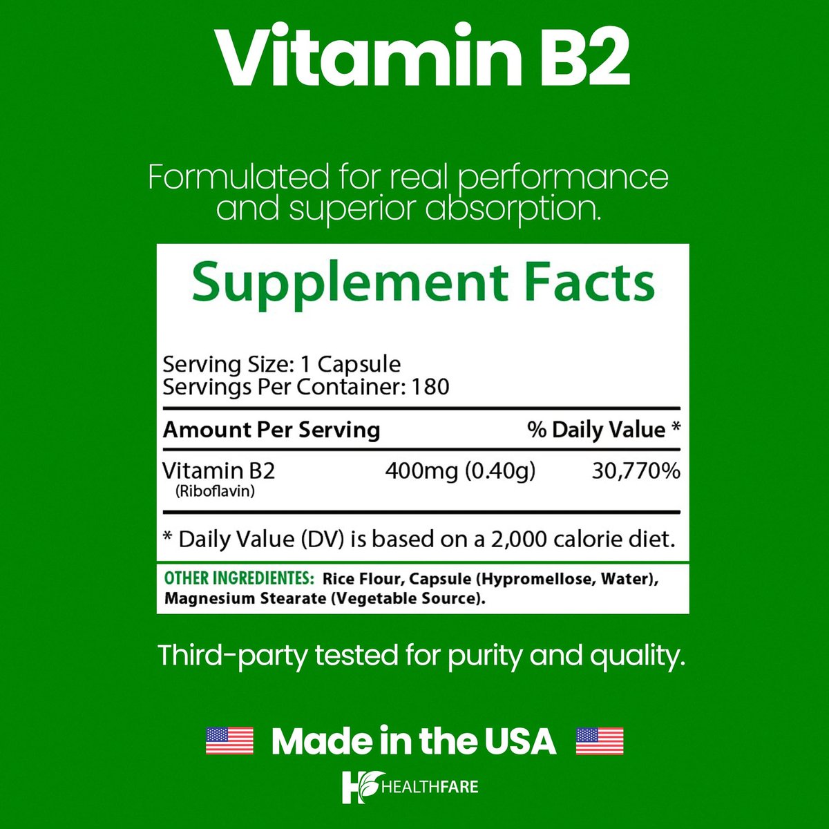 Healthfare Vitamin B2 Riboflavin 400 mg | 2er-Pack | 180 vegane Kapseln pro Packung | Nahrungsergänzungsmittel | Glutenfrei | Nicht-GVO