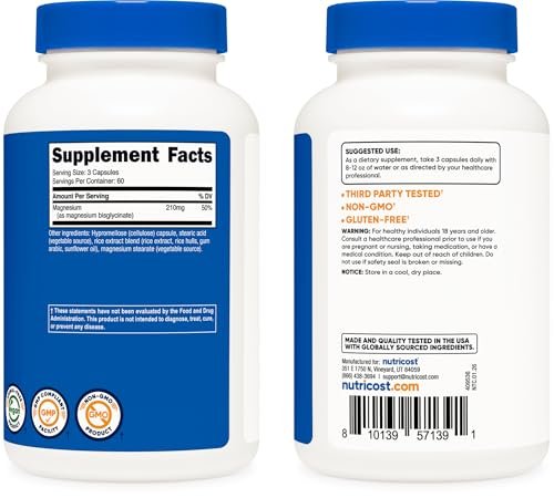 Nutricost Magnesium Glycinat Kapseln (180 Kapseln, 210 mg pro Portion) – Magnesiumglycinat für sanfte Aufnahme
