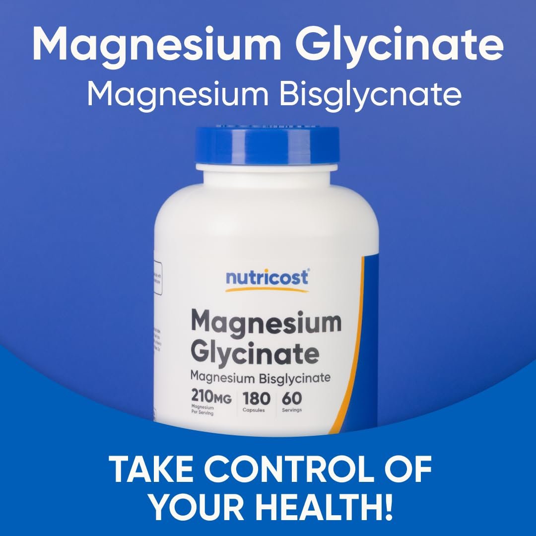 Nutricost Magnesium Glycinat Kapseln (180 Kapseln, 210 mg pro Portion) – Magnesiumglycinat für sanfte Aufnahme
