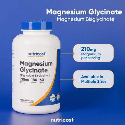Nutricost Magnesium Glycinat Kapseln (180 Kapseln, 210 mg pro Portion) – Magnesiumglycinat für sanfte Aufnahme