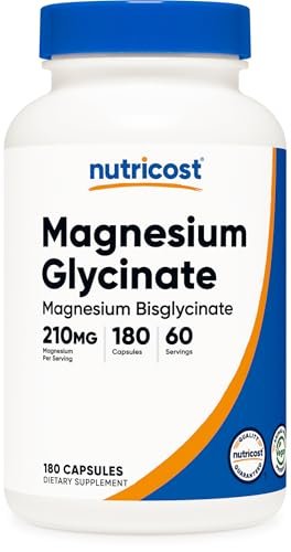 Nutricost Magnesium Glycinat Kapseln (180 Kapseln, 210 mg pro Portion) – Magnesiumglycinat für sanfte Aufnahme