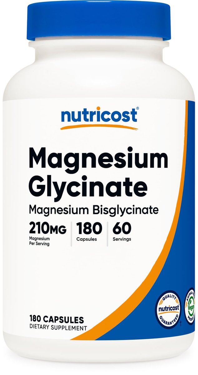 Nutricost Magnesium Glycinat Kapseln (180 Kapseln, 210 mg pro Portion) – Magnesiumglycinat für sanfte Aufnahme