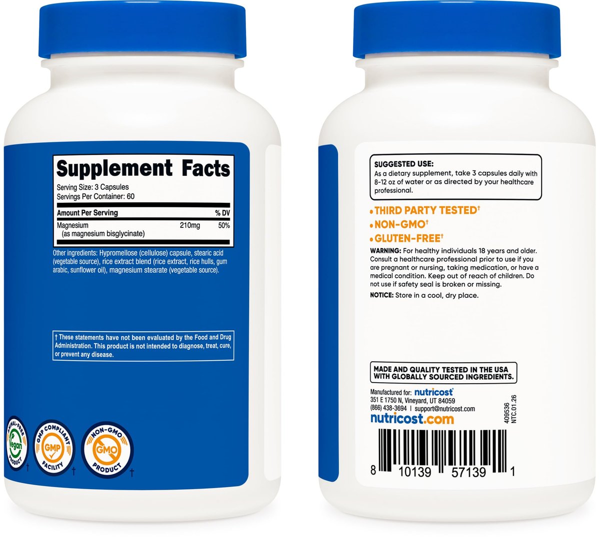 Nutricost Magnesium Glycinat Kapseln (180 Kapseln, 210 mg pro Portion) – Magnesiumglycinat für sanfte Aufnahme