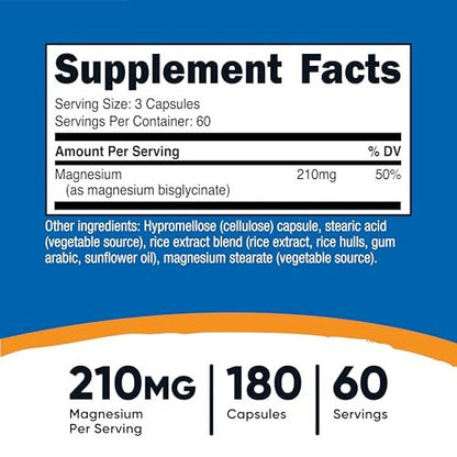 Nutricost Magnesium Glycinat Kapseln (180 Kapseln, 210 mg pro Portion) – Magnesiumglycinat für sanfte Aufnahme