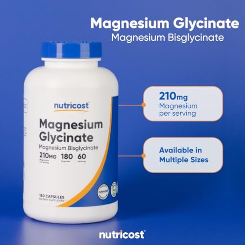 Nutricost Magnesium Glycinat Kapseln (180 Kapseln, 210 mg pro Portion) – Magnesiumglycinat für sanfte Aufnahme