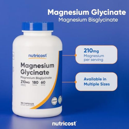Nutricost Magnesium Glycinat Kapseln (180 Kapseln, 210 mg pro Portion) – Magnesiumglycinat für sanfte Aufnahme