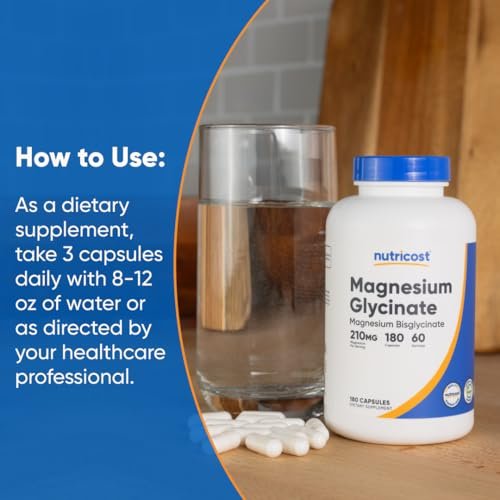 Nutricost Magnesium Glycinat Kapseln (180 Kapseln, 210 mg pro Portion) – Magnesiumglycinat für sanfte Aufnahme