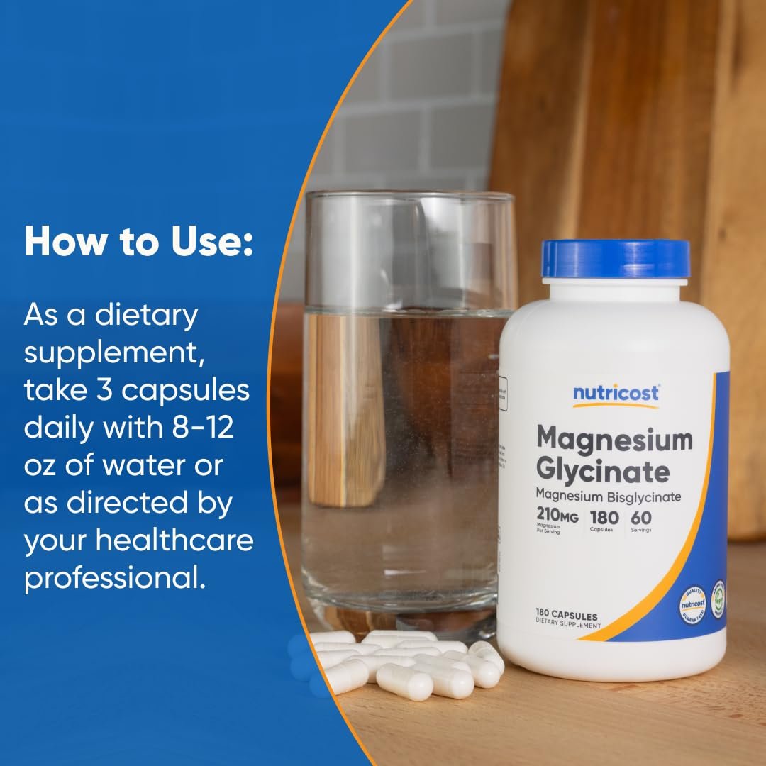 Nutricost Magnesium Glycinat Kapseln (180 Kapseln, 210 mg pro Portion) – Magnesiumglycinat für sanfte Aufnahme