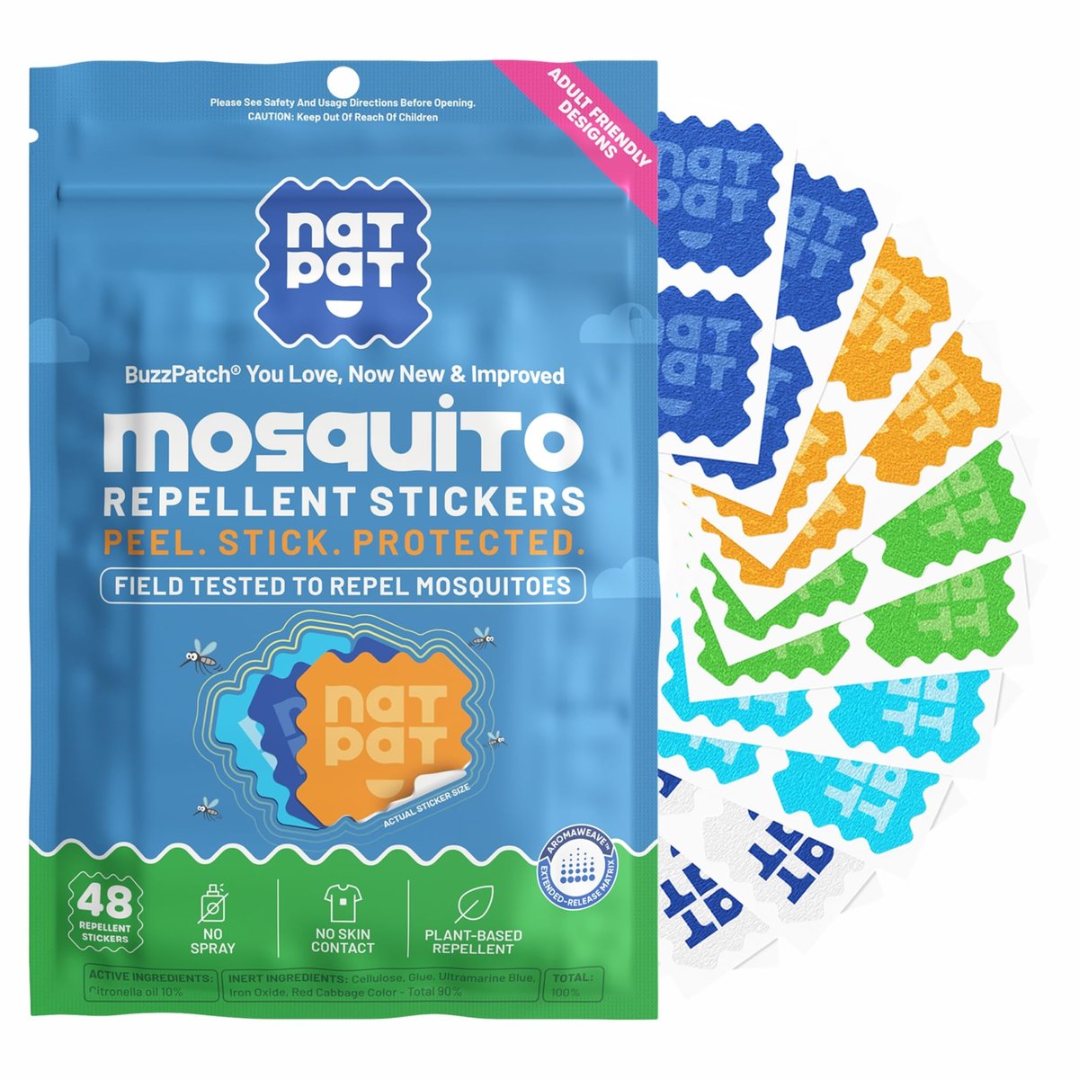 NATPAT BuzzPatch Mückenpflaster für Erwachsene – Pflanzliche Mückenpflaster, ungiftig – Die originalen Citronella-Öl-Insektenpflaster (48er Pack)