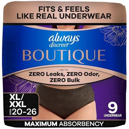 Always Discreet Boutique Inkontinenz- und Wochenbettunterwäsche für Damen, Maximaler Schutz, Extra Large, Schwarz, 9 Stück