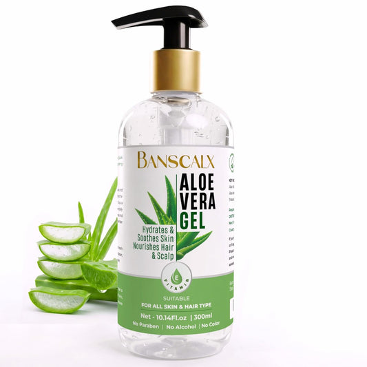 BANSCALX Aloe Vera Gel – 99% reines Aloe Vera Gel – Feuchtigkeitsspendend & beruhigend für Gesicht, Haut, Kopfhaut & Haare – After-Sun-Pflege, trockene & empfindliche Haut, nicht klebend, alkoholfrei (300 ml)