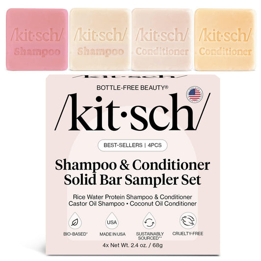 Kitsch Shampoo- und Conditioner-Set – 4-teiliges Probierset mit Reiswasser-Shampoo und Conditioner, Rizinusöl-Shampoo und Kokosöl-Conditioner – Flaschenfreie Schönheit für Haarwachstum, Reparatur und Feuchtigkeit