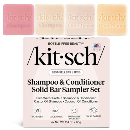 Kitsch Shampoo- und Conditioner-Set – 4-teiliges Probierset mit Reiswasser-Shampoo und Conditioner, Rizinusöl-Shampoo und Kokosöl-Conditioner – Flaschenfreie Schönheit für Haarwachstum, Reparatur und Feuchtigkeit