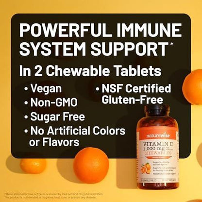 NatureWise Extra Starkes Vitamin C Kautabletten 1000 mg für Erwachsene - Natürlicher Orangen-Geschmack - Immunsystem & Antioxidantien Unterstützung - Non-GMO, Vegan & Zuckerfrei - 90 Kautabletten [45-Tage-Vorrat]