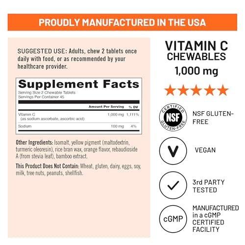 NatureWise Extra Starkes Vitamin C Kautabletten 1000 mg für Erwachsene - Natürlicher Orangen-Geschmack - Immunsystem & Antioxidantien Unterstützung - Non-GMO, Vegan & Zuckerfrei - 90 Kautabletten [45-Tage-Vorrat]