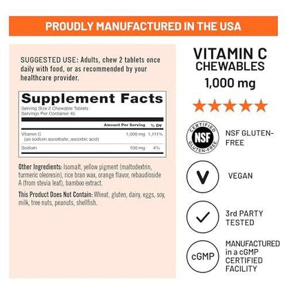 NatureWise Extra Starkes Vitamin C Kautabletten 1000 mg für Erwachsene - Natürlicher Orangen-Geschmack - Immunsystem & Antioxidantien Unterstützung - Non-GMO, Vegan & Zuckerfrei - 90 Kautabletten [45-Tage-Vorrat]