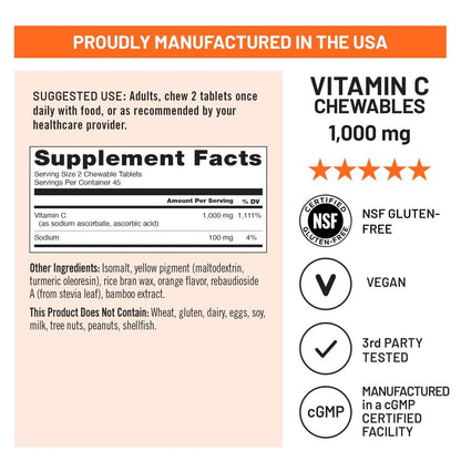 NatureWise Extra Starkes Vitamin C Kautabletten 1000 mg für Erwachsene - Natürlicher Orangen-Geschmack - Immunsystem & Antioxidantien Unterstützung - Non-GMO, Vegan & Zuckerfrei - 90 Kautabletten [45-Tage-Vorrat]