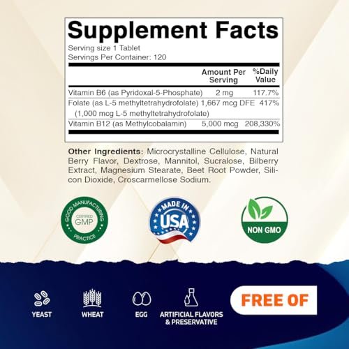 Vitamatic Methylfolat & B12 Komplex mit Pyridoxal-5-Phosphat (P-5-P) – 120 schnell lösliche Tabletten – Herz-Kreislauf-Gesundheit & Energie – Non GMO & Glutenfrei