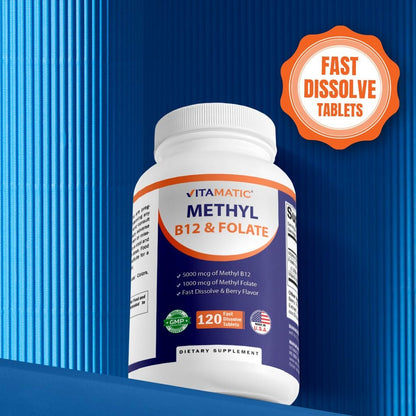 Vitamatic Methylfolat & B12 Komplex mit Pyridoxal-5-Phosphat (P-5-P) – 120 schnell lösliche Tabletten – Herz-Kreislauf-Gesundheit & Energie – Non GMO & Glutenfrei